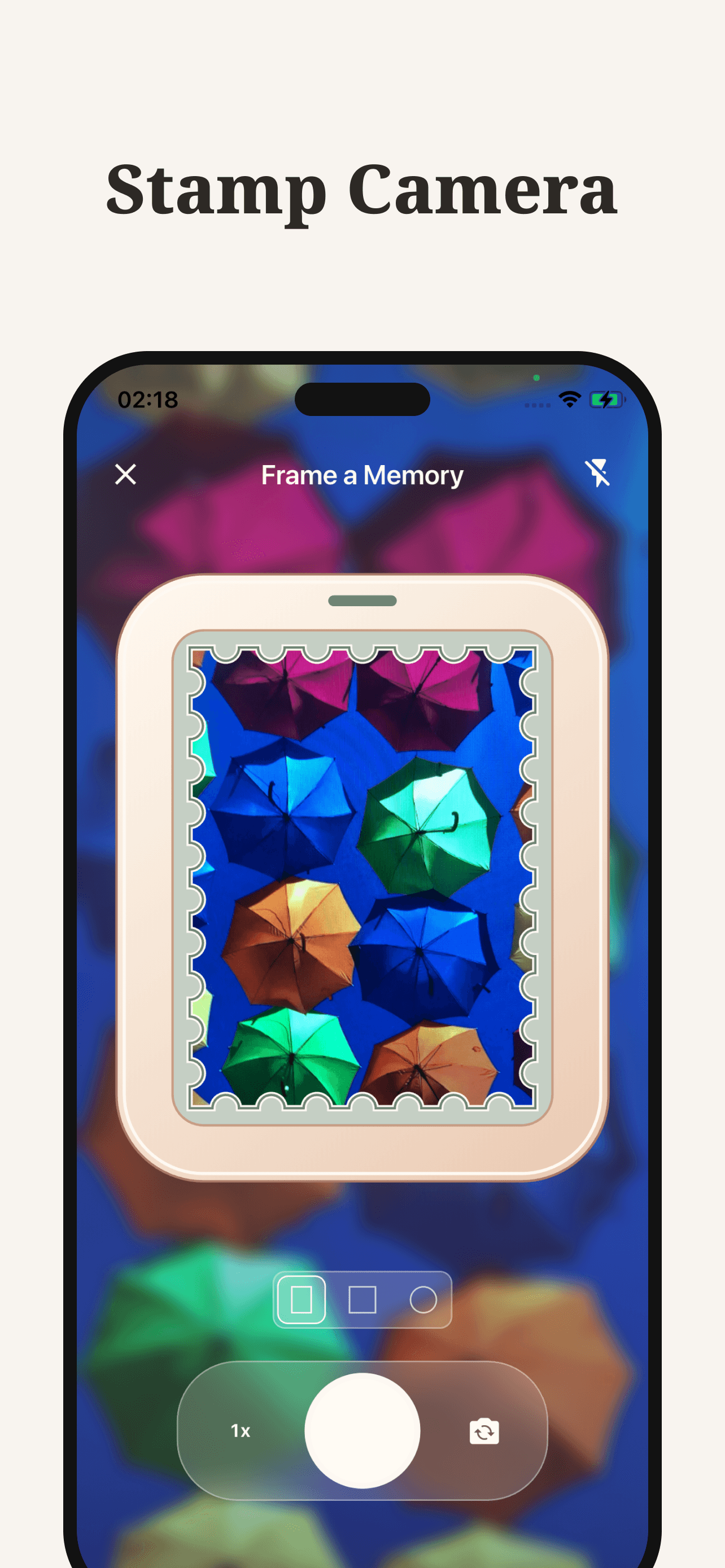 Keeps App Store preview of the stamp camera framing colorful umbrellas