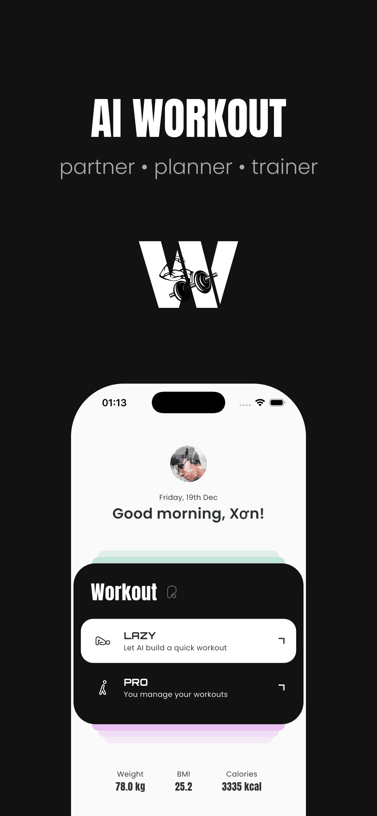 Workouch App Store preview of the AI workout dashboard with quick and advanced planning modes