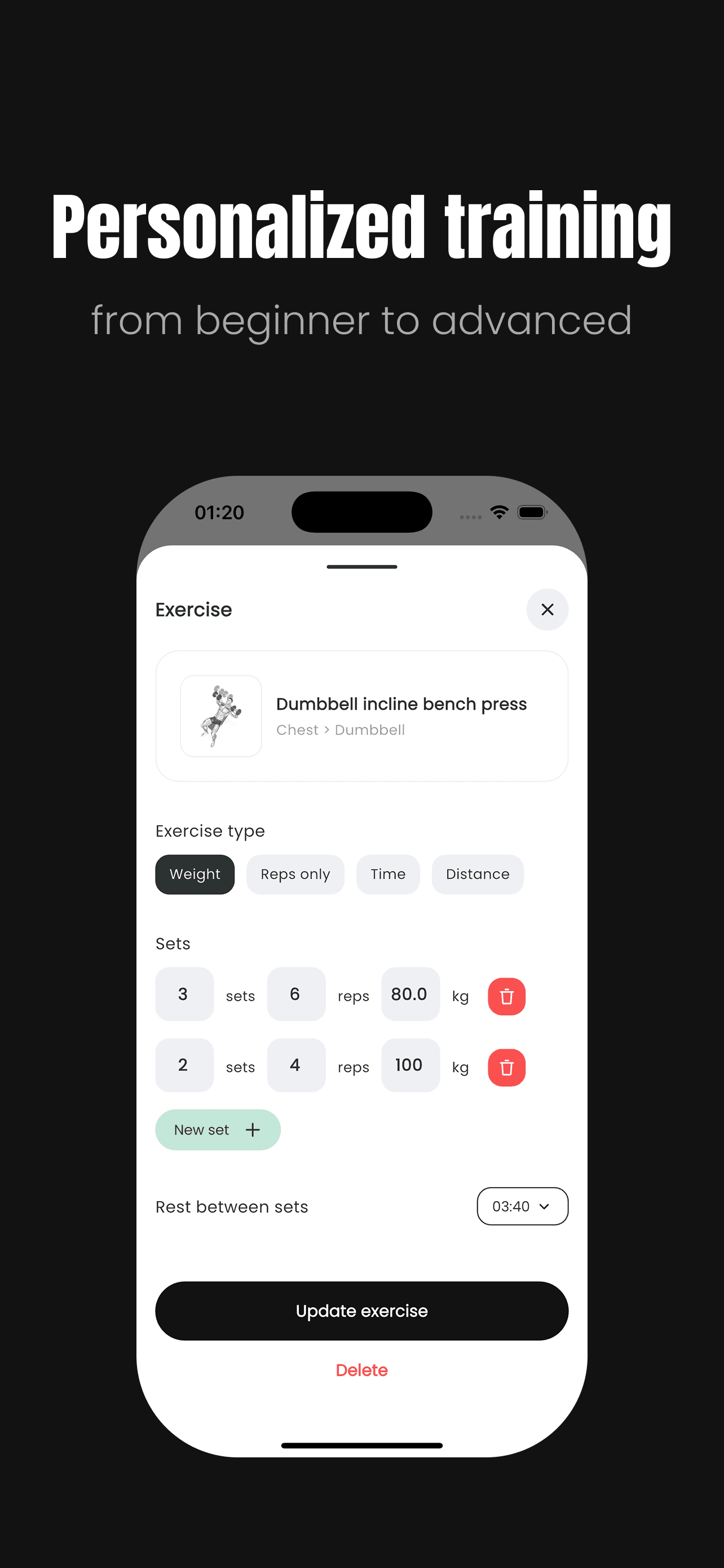 Workouch App Store preview of personalized exercise settings for sets, repetitions, weight, and rest