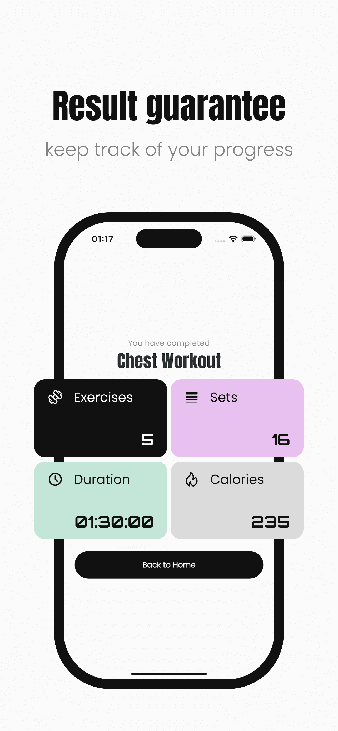 Workouch App Store preview of a completed workout summary with exercises, sets, duration, and calories