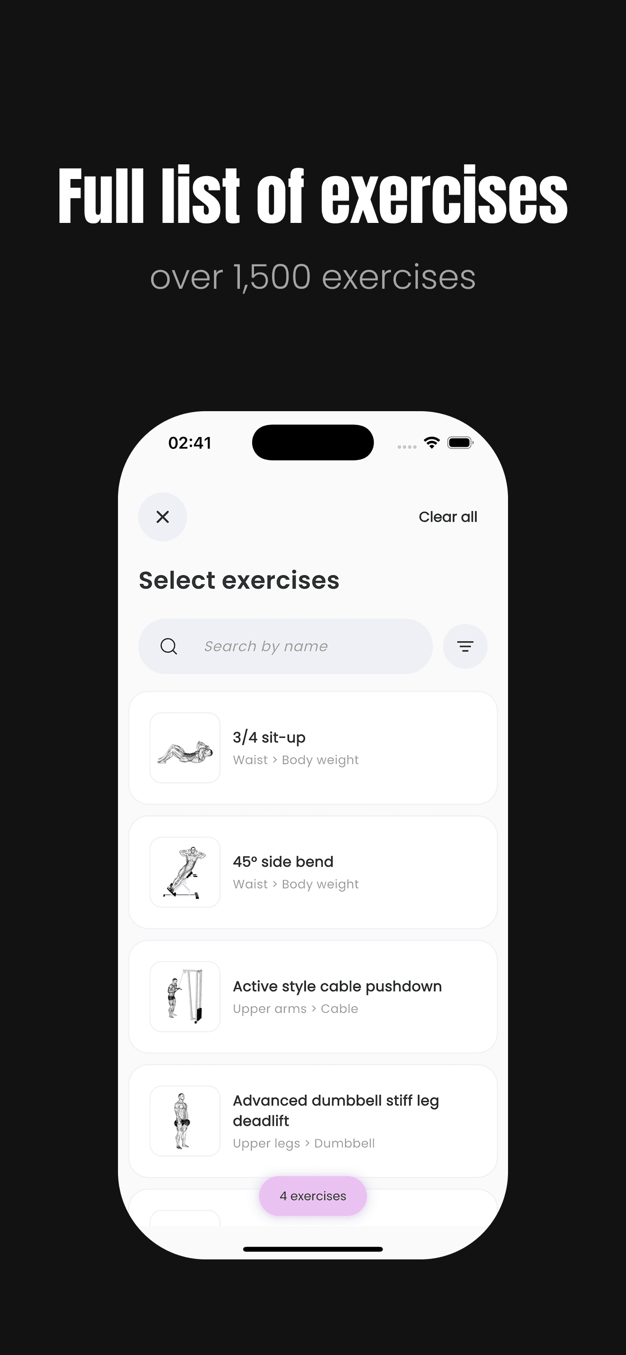 Workouch App Store preview of the searchable exercise library