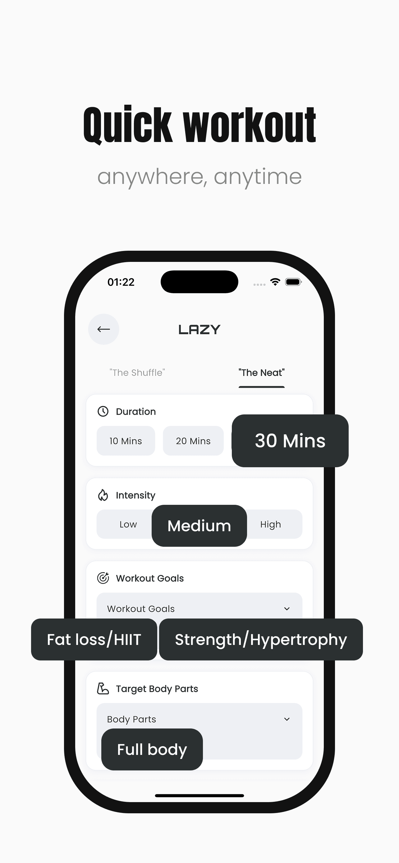 Workouch App Store preview of structured workout options for duration, intensity, goals, and body areas