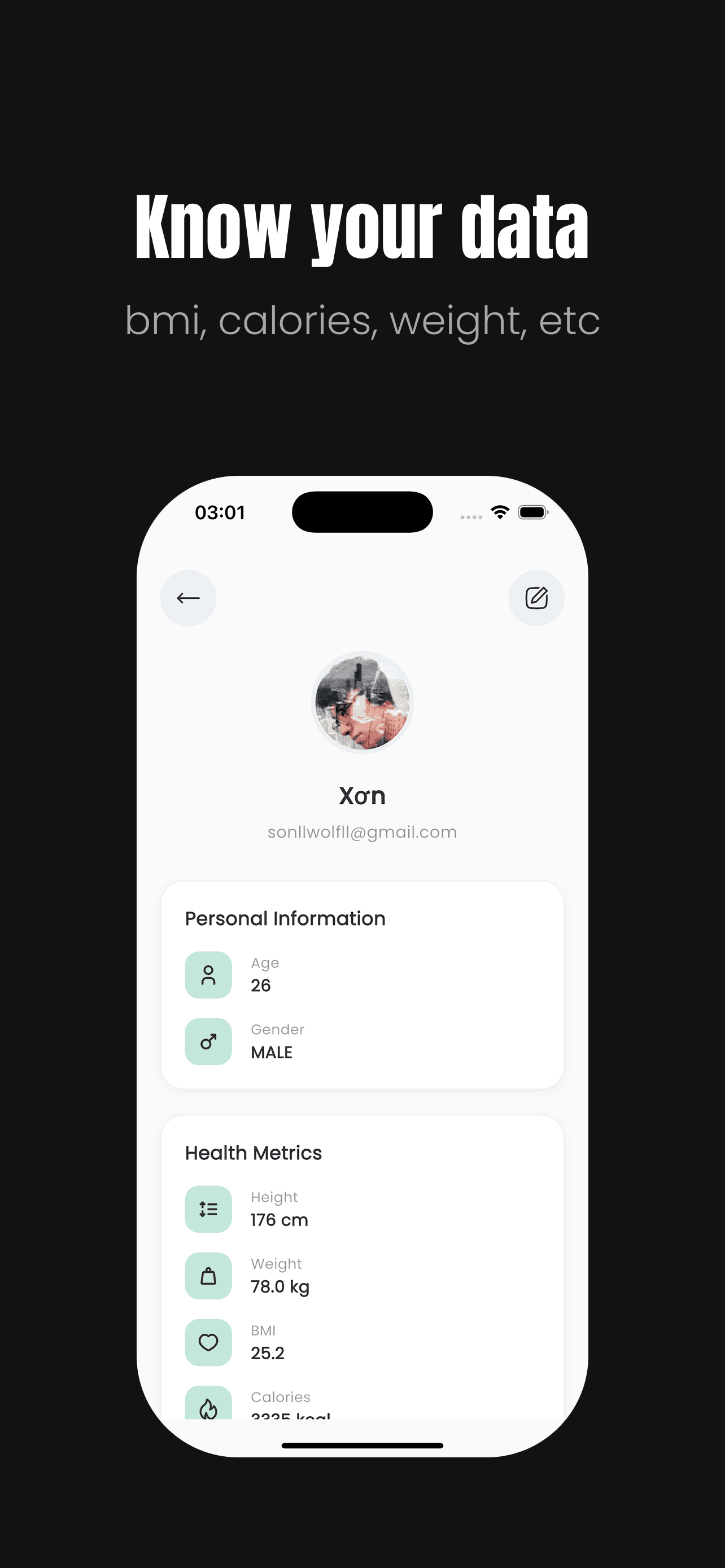 Workouch App Store preview of personal health metrics including weight, BMI, and calories